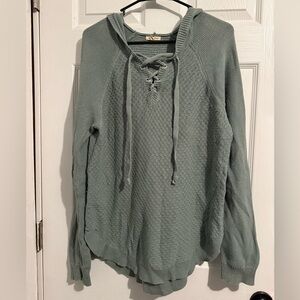 Women's Lace-Up V-Neck Hooded Sweater in Sage Green